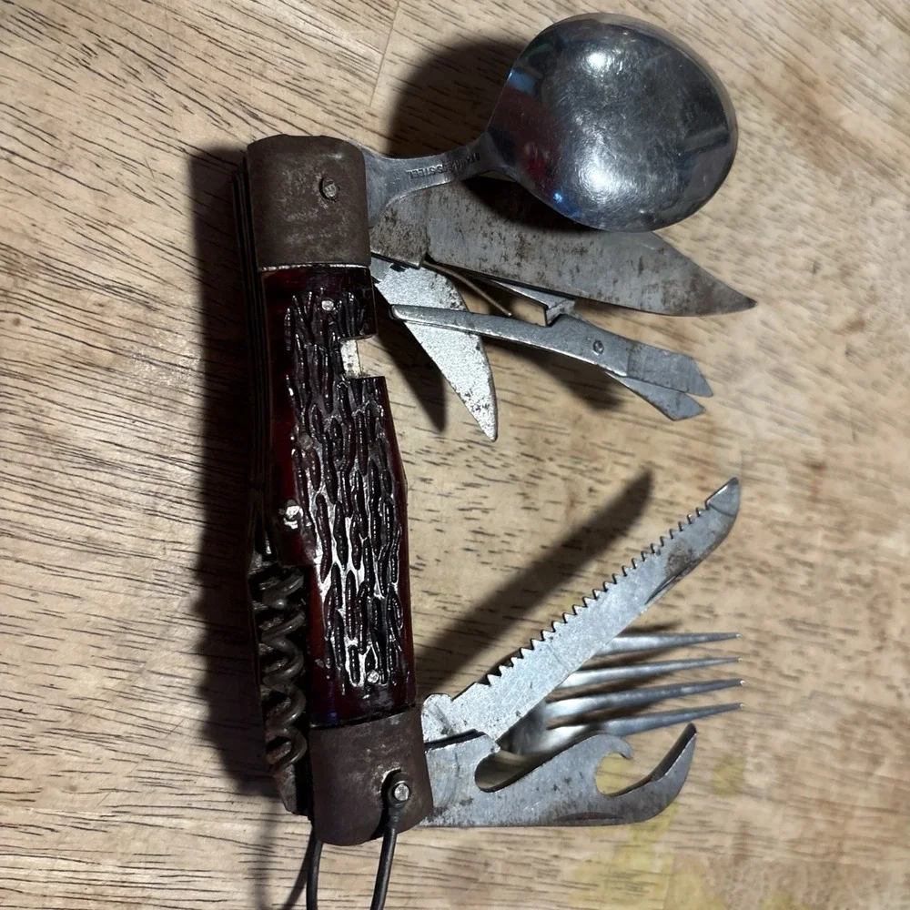 Vintage Japan Hobo 11 Piece Multi-Tool Folding Knife Spoon Fork Brown Wood